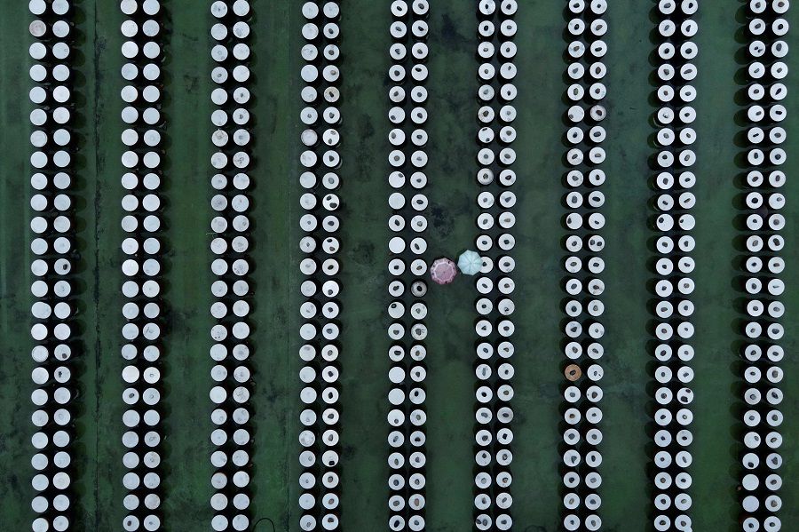 This aerial picture taken on 13 October 2021 shows two visitors walking among soy sauce containers at a pickle factory in Yunlin county, an agricultural zone in Taiwan. (Sam Yeh/AFP)