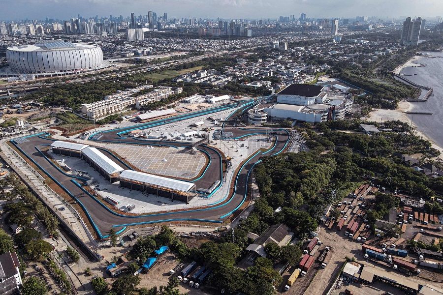 This aerial picture shows the newly built Formula E circuit in Jakarta, Indonesia, on 23 May 2022, ahead of the race on 4 June 2022. (Bay Ismoyo/AFP)