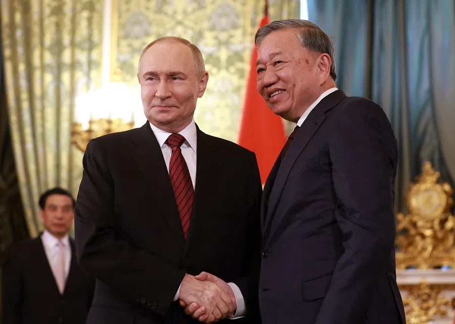 Russia’s President Vladimir Putin shakes hands with Vietnam’s Communist Party General Secretary To Lam during a meeting in Moscow, Russia, on 10 May 2025.