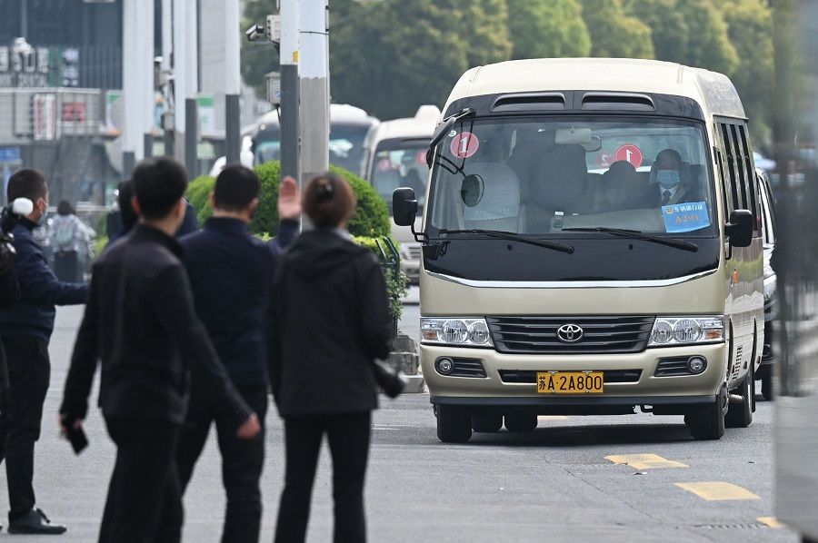 The vehicle carrying former Taiwan President Ma Ying-jeou arrives outside the Nanjing Massacre Memorial Hall in Nanjing, Jiangsu province, China, on 29 March 2023. (Greg Baker/AFP)