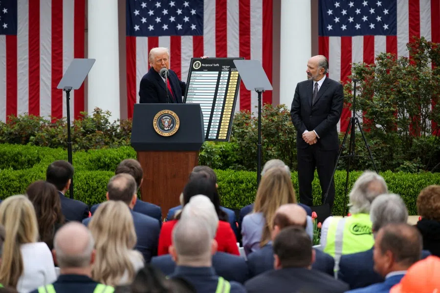 US President Donald Trump delivers remarks on tariffs in the Rose Garden at the White House in Washington, DC, US, on 2 April 2025. (Carlos Barria/Reuters)