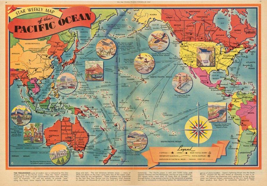 This insert from the Toronto Star Weekly in 1943 shows a map of the main battles in the Pacific theatre, with a quote from a US commander claiming that the Japanese would be completely defeated within the year.