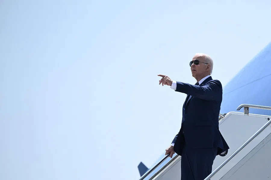 US President Joe Biden gestures while disembarking Air Force One at John F Kennedy International Airport in New York, US, on 10 May 2023. (Brendan Smialowski/AFP)