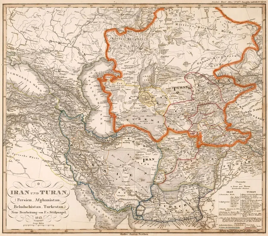 Iran and Turan (Persia and Central Asia). Map by Stieler, 1843. (Wikimedia)