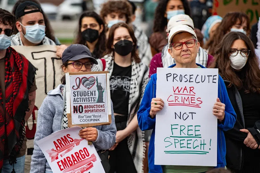 Demonstrators gather on Cambridge Common to protest Harvard’s stance on the war in Gaza and show support for the Palestinian people, outside Harvard University in Cambridge, Massachusetts, US, on 25 April 2025. (Joseph Prezioso/AFP)