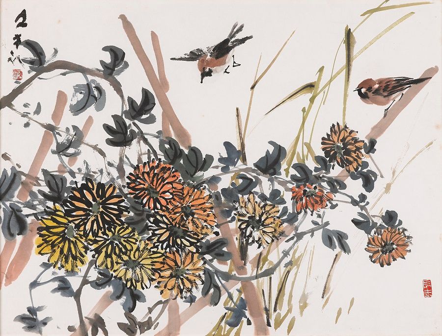 Chen Wen Hsi, Sparrows, Chrysanthemums (1976). (The Private Museum Singapore)