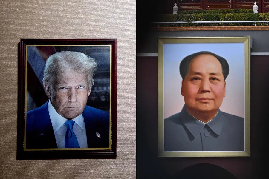 A combination of photos depicting the official portrait of US President Donald Trump (left) at the Department of Justice in Washington, DC (Andrew Harnik/Getty Images/AFP); and a portrait of late communist leader Mao Zedong at Tiananmen Gate in Beijing (Pedro Pardo/AFP).