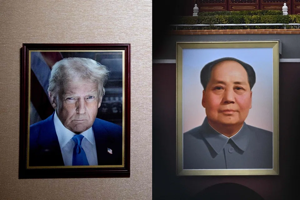A combination of photos depicting the official portrait of US President Donald Trump (left) at the Department of Justice in Washington, DC (Andrew Harnik/Getty Images/AFP); and a portrait of late communist leader Mao Zedong at Tiananmen Gate in Beijing (Pedro Pardo/AFP).