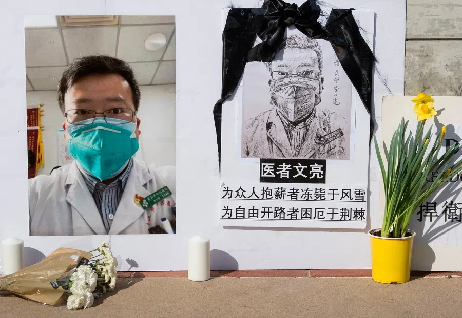 A memorial for Dr Li Wenliang is pictured outside the UCLA campus in Westwood, California, on 15 February 2020. (Mark Ralston/AFP)