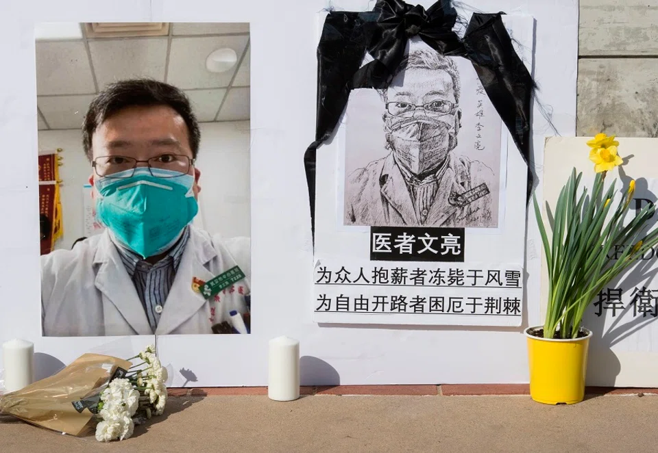 A memorial for Dr Li Wenliang is pictured outside the UCLA campus in Westwood, California, on 15 February 2020. (Mark Ralston/AFP)