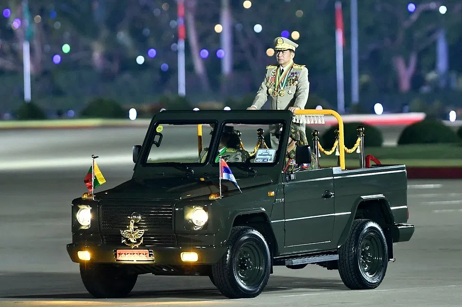 Myanmar’s junta chief military Min Aung Hlaing arrives to deliver a speech during a ceremony to mark the country’s Armed Forces Day in Naypyidaw on 27 March 2024. (AFP)