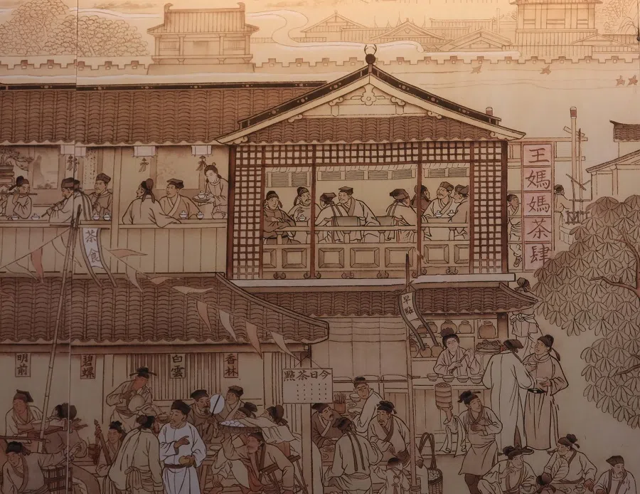 A photo of a painting at the Hangzhou Cuisine Museum, Hangzhou, depicting store fronts and taverns in Hangzhou during the Southern Song dynasty, as described in the Tales of Old Lin’an.