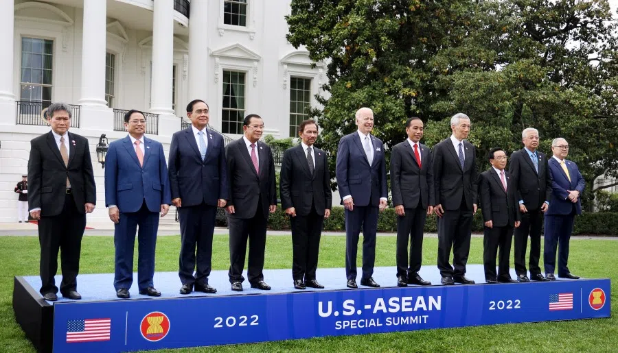 US President Joe Biden (sixth from left) with ASEAN leaders including then ASEAN Secretary General Lim Jock Hoi (first from left) at the US-ASEAN Special Summit at the White House, 13 May 2022. (SPH Media)