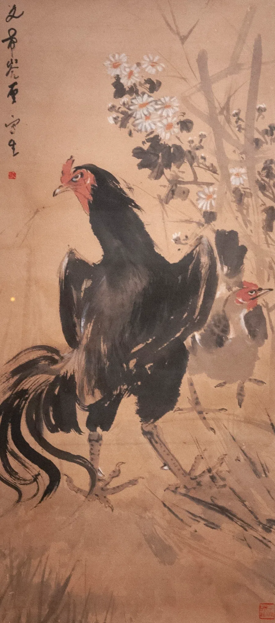 Chen Wen Hsi, Cock and Hen, Undated, Ink and colour on paper, 115.5 x 51.7 cm. Gift of Malcolm MacDonald.