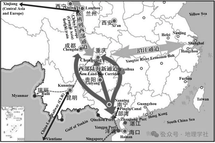 The geographic composition and reach of the New Land-Sea Corridor (NLSC) anchored to Chongqing. (Author’s modification of Map 4 in The Chinese Geographical Society WeChat Account, 26 May 2024. Available at https://mp.weixin.qq.com/s/k4KHjfIIA8l-6vwPfi0hNQ.)