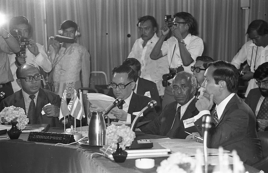 Singapore Foreign Minister S Rajaratnam (second from right) at the Economic Ministers special conference during the ASEAN Summit in Bali on 22 February 1976. (SPH Media)