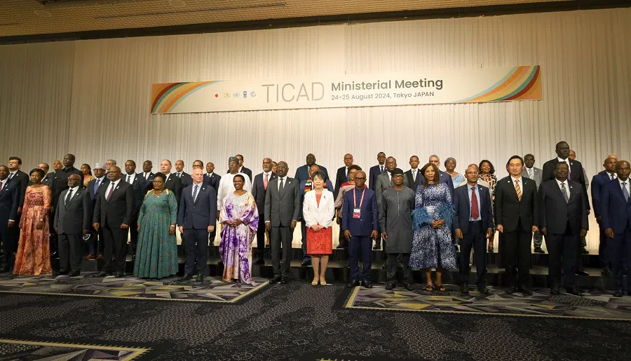 Japan’s Foreign Minister Yoko Kamikawa (front row, centre) and ministers from African countries pose during the Tokyo International Conference on African Development (TICAD) Ministerial Meeting in Tokyo on 24 August 2024.