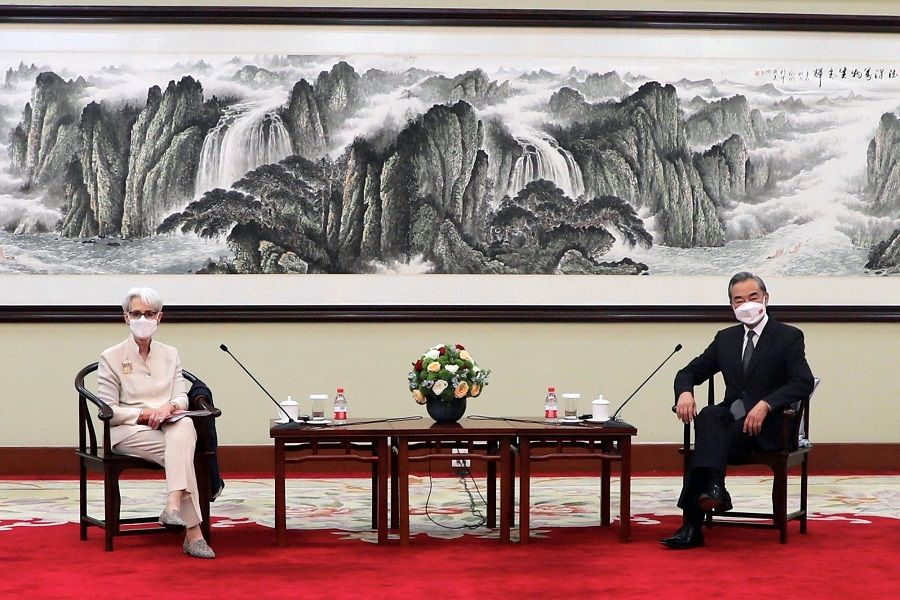 US Deputy Secretary of State Wendy Sherman meets Chinese State Councilor and Foreign Minister Wang Yi in Tianjin, China in this handout picture released on 26 July 2021. (US Department of State/Handout via Reuters)