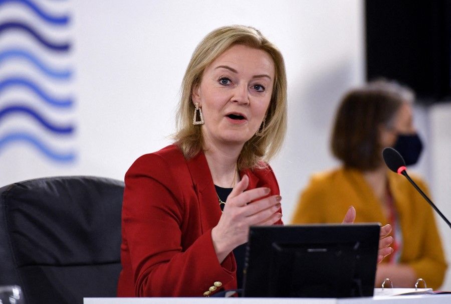 British Foreign Secretary Liz Truss speaks during a G7 foreign and development ministers session with guest countries and ASEAN nations on the final day of the summit in Liverpool, Britain, 12 December 2021. (Olivier Douliery/Pool via Reuters)