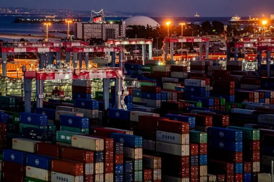 Shipping containers at the Port of Long Beach in Long Beach, California, US, on 20 February 2026. (Kyle Grillot/Bloomberg)