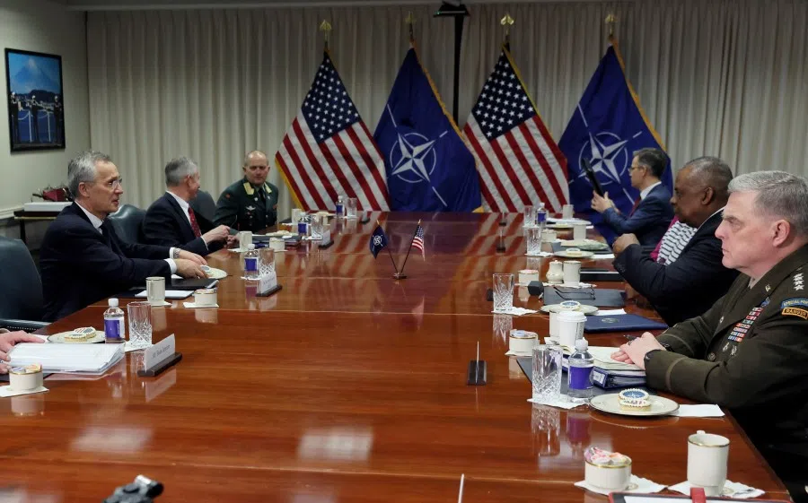 US Defence Secretary Lloyd Austin holds a meeting with NATO Secretary General Jens Stoltenberg with US Joint Chiefs Chair Army General Mark Milley and other staff in the Pentagon in Washington, US, 8 February 2023. (Leah Millis/Reuters)