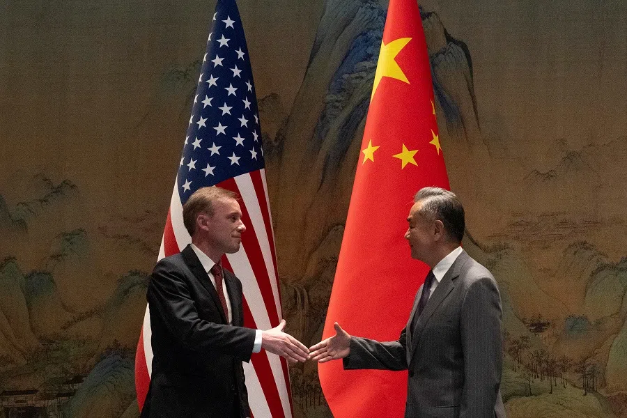 Wang Yi, the director of the Communist Party’s Central Foreign Affairs Commission Office, meets White House national security adviser Jake Sullivan at Yanqi Lake in Beijing, China, 27 August 2024.  (Ng Han Guan/Pool via Reuters)