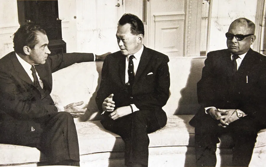 Lee Kuan Yew (centre) with US President Richard Nixon (left), at the White House in Washington, May 1969. Also in the picture is Professor E.S. Monteiro, Singapore's ambassador to Washington. (SPH)