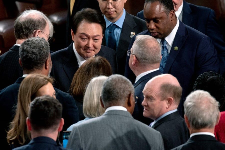 South Korean President Yoon Suk Yeol (centre) departs after addressing a Joint Meeting of Congress in the House Chamber of the US Capitol in Washington, DC, on 27 April 2023. (Stefani Reynolds/AFP)