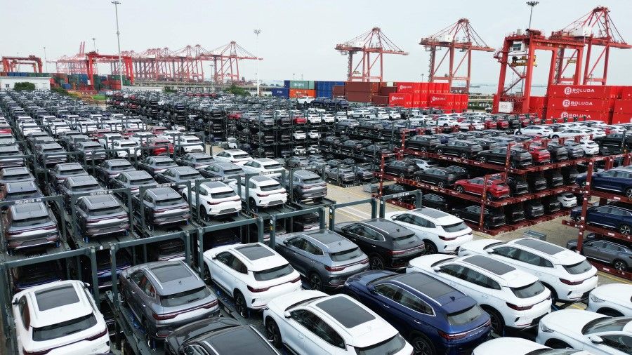 In this photo taken on 11 September 2023, BYD electric cars waiting to be loaded on a ship are stacked at the international container terminal of Taicang Port at Suzhou Port, in China's eastern Jiangsu province. (AFP)