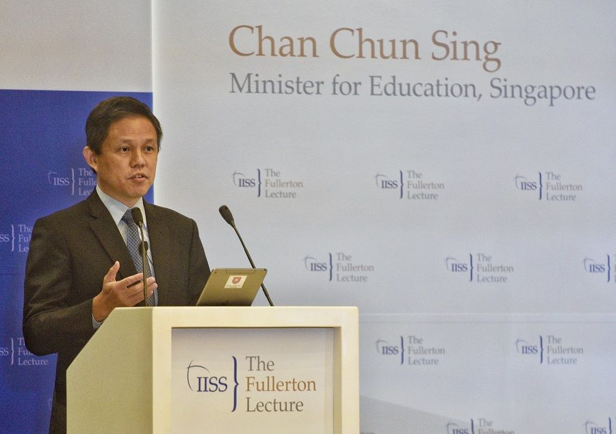 Minister for Education Chan Chun Sing delivers a major address on 9 November 2021 at Fullerton Hotel as part of the IISS Fullerton Lectures, a prestigious series of events on regional and global security issues organised by IISS-Asia. (SPH)