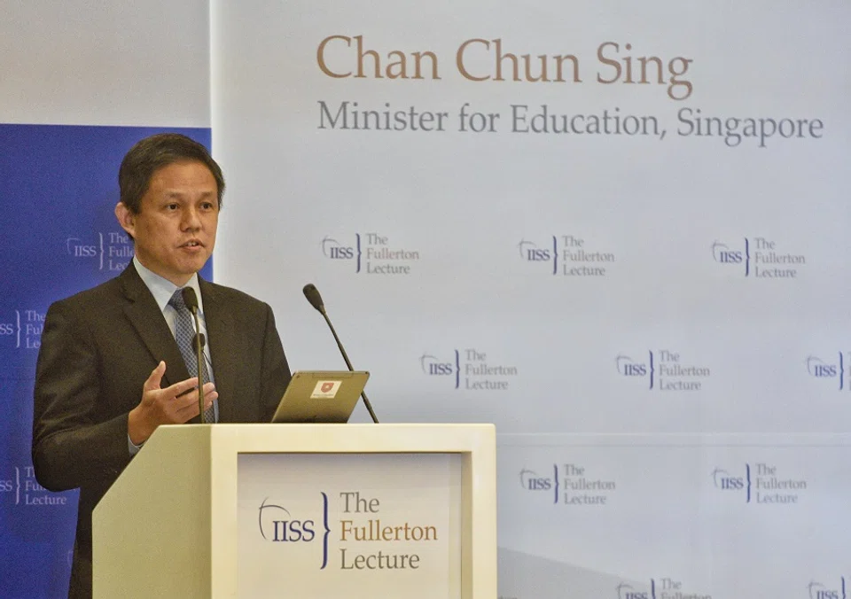 Minister for Education Chan Chun Sing delivers a major address on 9 November 2021 at Fullerton Hotel as part of the IISS Fullerton Lectures, a prestigious series of events on regional and global security issues organised by IISS-Asia. (SPH)