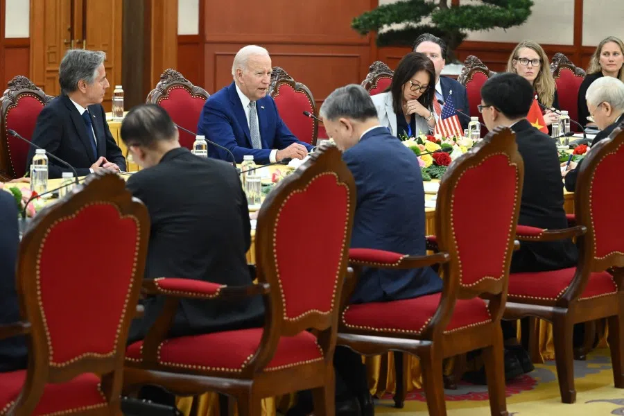 US President Joe Biden (centre), US Secretary of State Antony Blinken (left) and Vietnam's Communist Party General Secretary Nguyen Phu Trong (right) hold a meeting at the Communist Party of Vietnam Headquarters in Hanoi on 10 September 2023. (Saul Loeb/AFP)