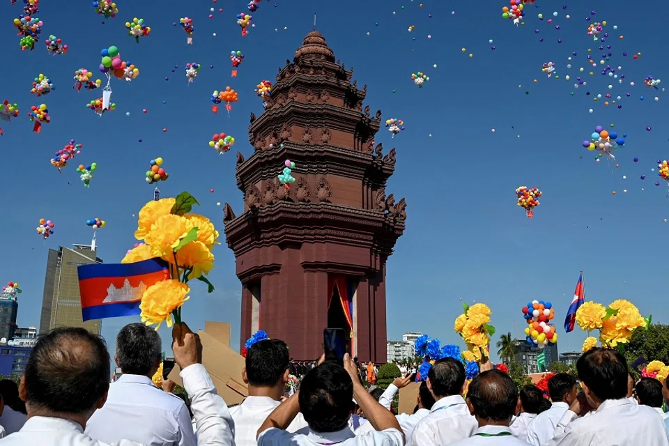 Balloons are released at the Independence Monument during a ceremony marking Cambodia’s 71st Independence Day celebrations in Phnom Penh on 9 November 2024. (Tang Chhin Sothy/AFP)