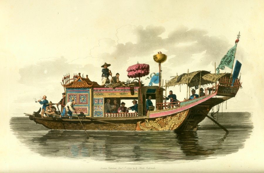 A picture by British artist William Alexander showing senior Chinese officials heading out on a colourful dedicated vessel with luxurious fittings. The flag on the vessel shows the rank of the officials, and civilian vessels would generally make way for official vessels.