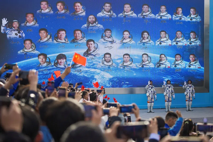 Chinese astronauts Ye Guangfu, Li Cong and Li Guangsu attend a see-off ceremony before the launch of the Long March-2F carrier rocket, carrying the Shenzhou-18 spacecraft for a crewed mission to China’s Tiangong space station, at Jiuquan Satellite Launch Center near Jiuquan, Gansu province, China, on 25 April 2024. (China Daily via Reuters)