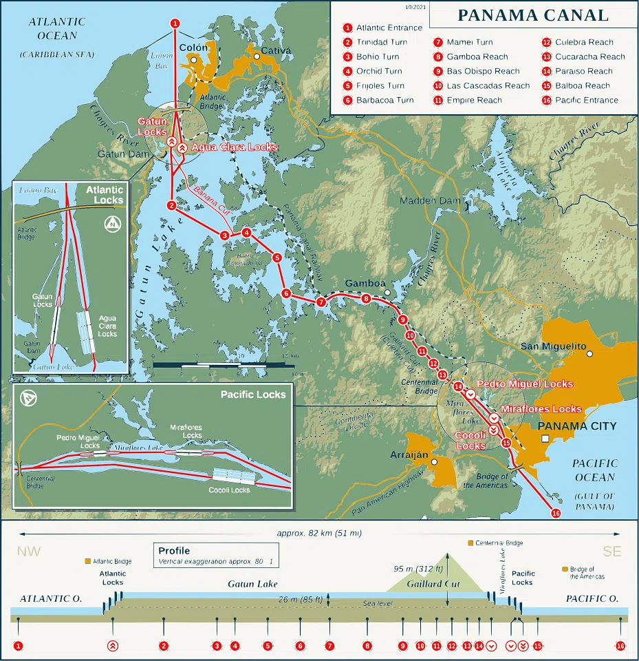 A map showing the Panama Canal, with its Atlantic and Pacific entrances where the ports of Cristobal and Balboa by CK Hutchison owned by Hong Kong billionaire Li Ka-shing are located. Also on the Atlantic side is the port of Panama, controlled by Chinese conglomerate Landbridge Group. (Image: Thomas Römer/Licensed under CC BY-SA 2.0)