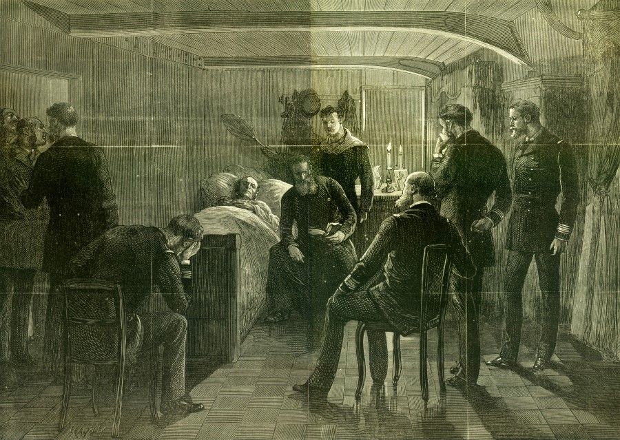 In 1885, French publication L'Illustration ran an image of Admiral Amédée Courbet, commander of the French fleet, on his deathbed in Makung owing to illness. When the war broke out, Courbet destroyed the Fujian Fleet at the mouth of the Min River, and mistakenly thought France was in for an easy victory; they did not expect a deadlock over the next six months. Courbet led a fleet to patrol the Taiwan Strait - his strategic aims were fuzzy and he was helpless. Courbet fell ill in April 1885, but still had to direct the war. He was gradually exhausted and died on board a French vessel. The picture shows Courbet on his sickbed, surrounded by sombre French naval officers.
