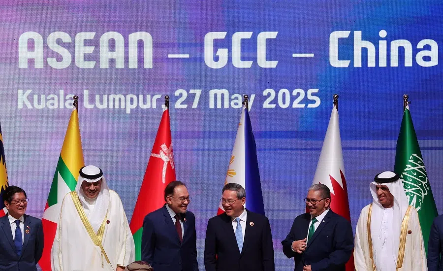 (From left) Philippines’ President Ferdinand Marcos Jr, Kuwait’s Crown Prince Sheikh Sabah Khaled Al-Hamad Al-Sabah, Malaysia’s Prime Minister Anwar Ibrahim, Chinese Premier Li Qiang, Brunei’s Second Minister of Foreign Affairs Erywan Yusof and UAE Supreme Council Member and Ruler of Ras Al Khaimah, Sheikh Saud bin Saqr Al Qasimi, attend the ASEAN-GCC-China Summit at the Kuala Lumpur Convention Centre in Kuala Lumpur, Malaysia, on 27 May 2025.