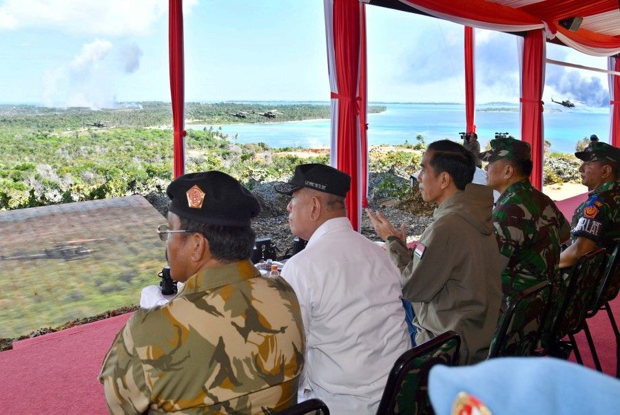 President Joko Widodo (third from left) and the top brass from the Indonesian military witnessing the show of force on 19 May 2017, by the army, navy and air force in Tanjung Datuk on Bunguran Island, the main island of the resource-rich Natuna Islands. (Laily Rachev/State Palace via The Jakarta Post)