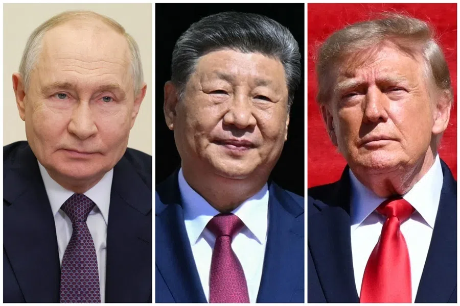 (From left) Russia’s President Vladimir Putin chairs a meeting on energy storage development via video link in Moscow on 6 October 2026; China’s President Xi Jinping at the National Archives in Washington, DC, on 25 September 2026; US President Donald Trump at the National Archives in Washington, DC, on 25 September 2026.