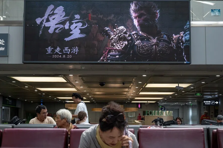 An advertisement for the Black Myth: Wukong PC game, developed by Hero Games, at the Beijing Capital International Airport in Beijing, China, on 3 September 2024. (Bloomberg)