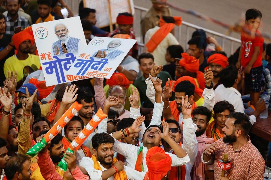 Supporters of India’s Prime Minister Narendra Modi react, on the day of a Bharatiya Janata Party (BJP) election campaign rally in Ayodhya, India, on 5 May 2024. (Francis Mascarenhas/Reuters)