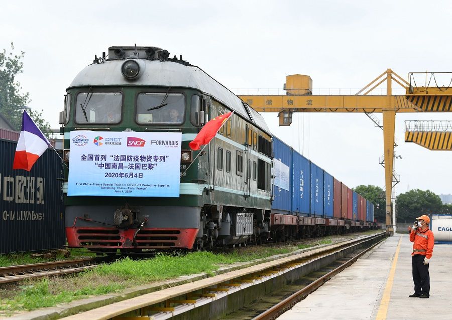 This photo taken on 4 June 2020 shows the first China-France special train for Covid-19 protective supplies awaiting to depart for France from China, the first time a train has ever done so since the implementation of the Belt and Road Initiative. (Hu Guolin/CNS)