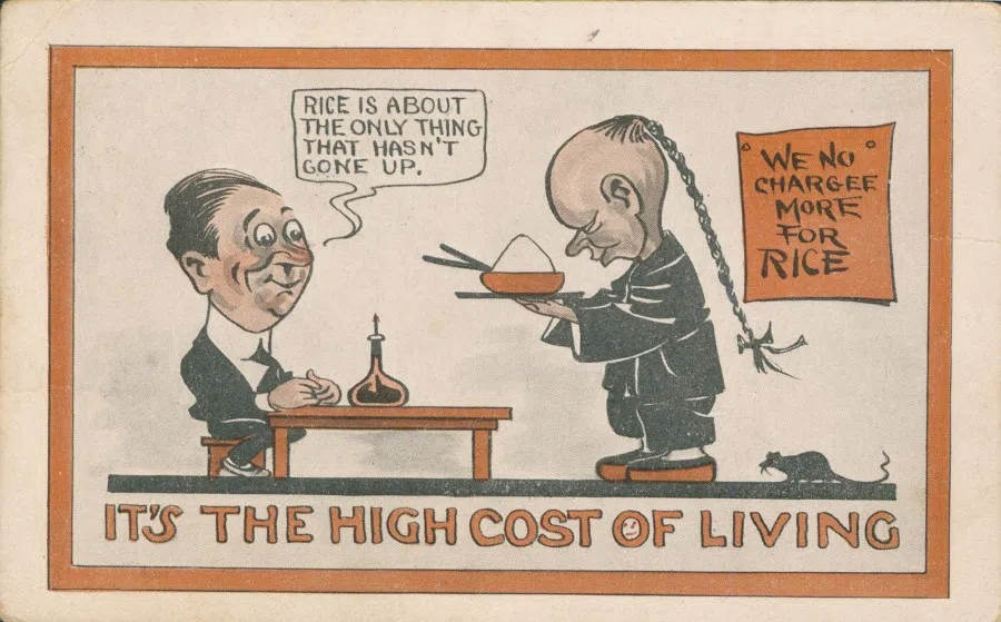 A US postcard from the 1930s, showing a Chinese restaurant offering free rice top-ups. The artist has drawn a little mouse in the lower right, a dig at the hygiene standards of Chinese restaurants. The queues sported by the Chinese are also a symbol of backwardness.