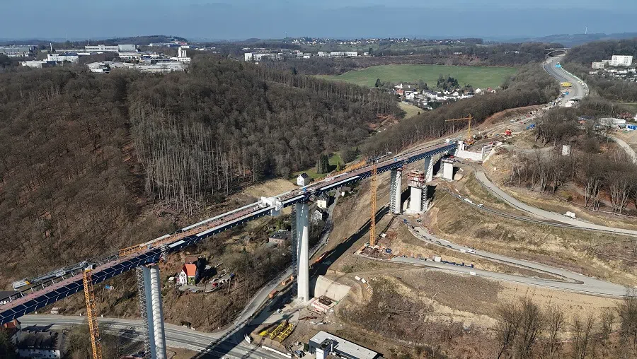 A drone image shows the re-construction of the Rahmedetal bridge, which gained fame because the A45 motorway in the heart of Germany had been closed for years due to Germany’s dilapidated infrastructure and the debt brake, near Luedenscheid, south of Dortmund, Germany, on 27 March 2025. (Stephane Nitschke/Reuters)