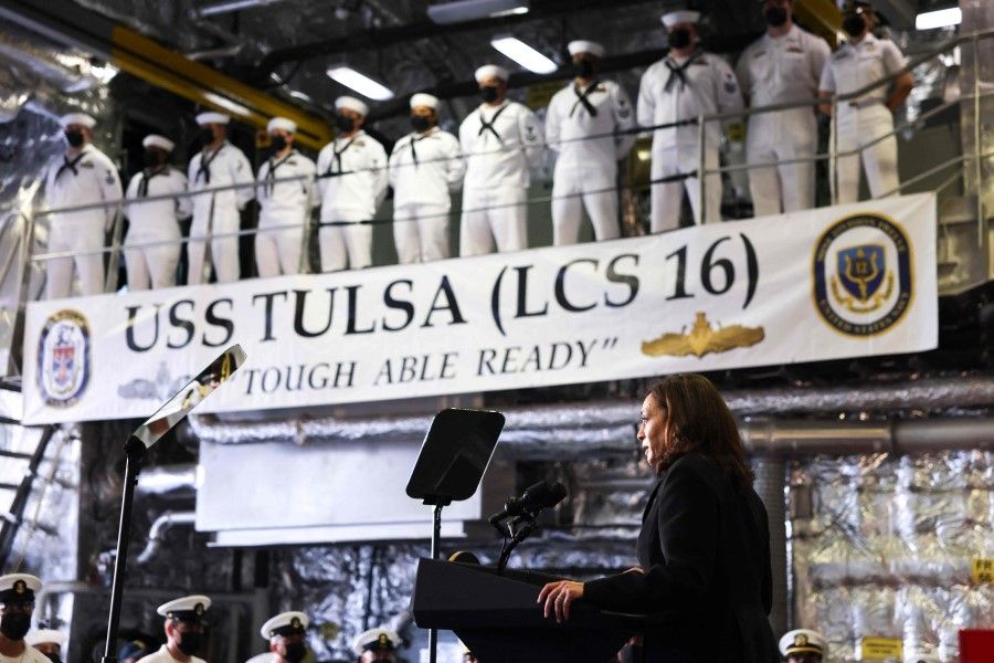 US Vice-President Kamala Harris speaks to troops as she visits the USS Tulsa in Singapore on 23 August 2021. (Evelyn Hockstein/AFP)