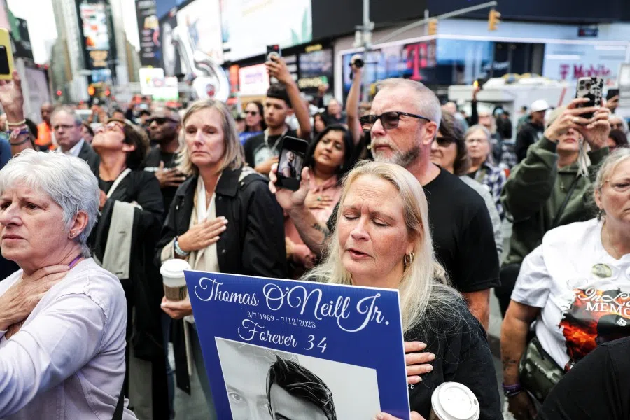 People react during the Fourth Annual National Fentanyl Prevention and Awareness Day event in Times Square, New York City, US, 21 August 2025. (Jeenah Moon/Reuters)