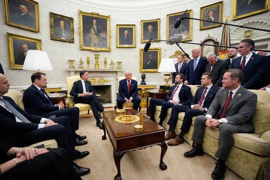 US President Donald Trump (centre), and Mark Rutte, secretary general of the North Atlantic Treaty Organization (NATO) (centre left), during a meeting in the Oval Office of the White House in Washington, DC, US, on 13 March 2025.