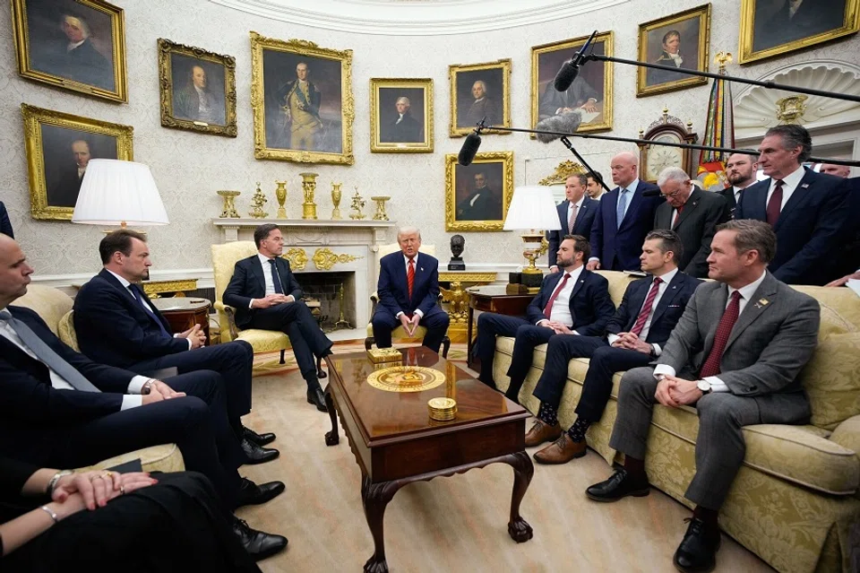 US President Donald Trump (centre), and Mark Rutte, secretary general of the North Atlantic Treaty Organization (NATO) (centre left), during a meeting in the Oval Office of the White House in Washington, DC, US, on 13 March 2025. (Yuri Gripas/Abaca/Bloomberg)
