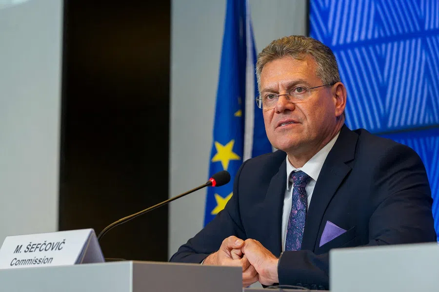 EU Commissioner for Trade and Economic Security Maros Sefcovic attends a press conference at the EU Council building in Luxembourg on 7 April 2025. (Jean-Christophe Verhaegen/AFP)